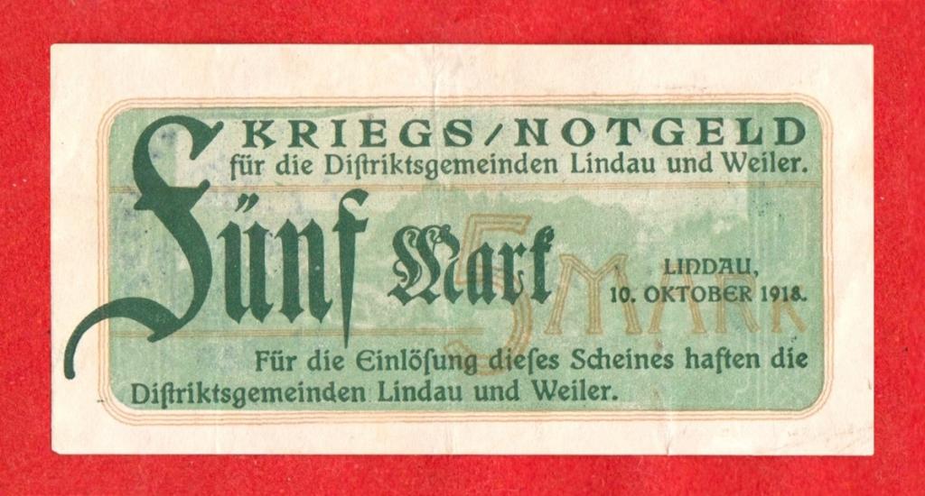Германия, Линдау Lindau, ВОЕННЫЙ ВЫПУСК - КРИГСГЕЛЬД, 5 марок, 1918, ШТАМП, 38088, RRR