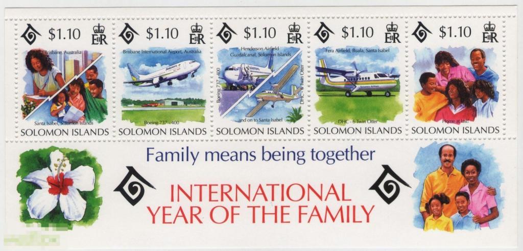 Соломоновы острова 1994 Международный год семьи Авиация Самолеты Боинг (блок с 5 марками)