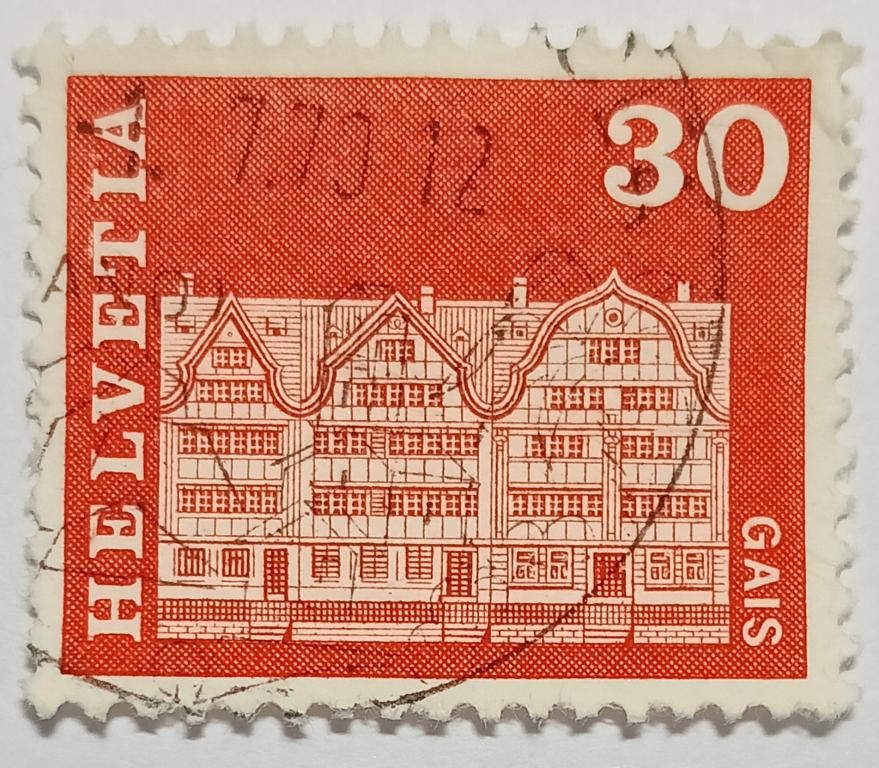 Марка_Швейцария, 30 Ct- сентим, 1968 год,Деревенские Квадратные Дома, Гайс, Гашёная;_2_