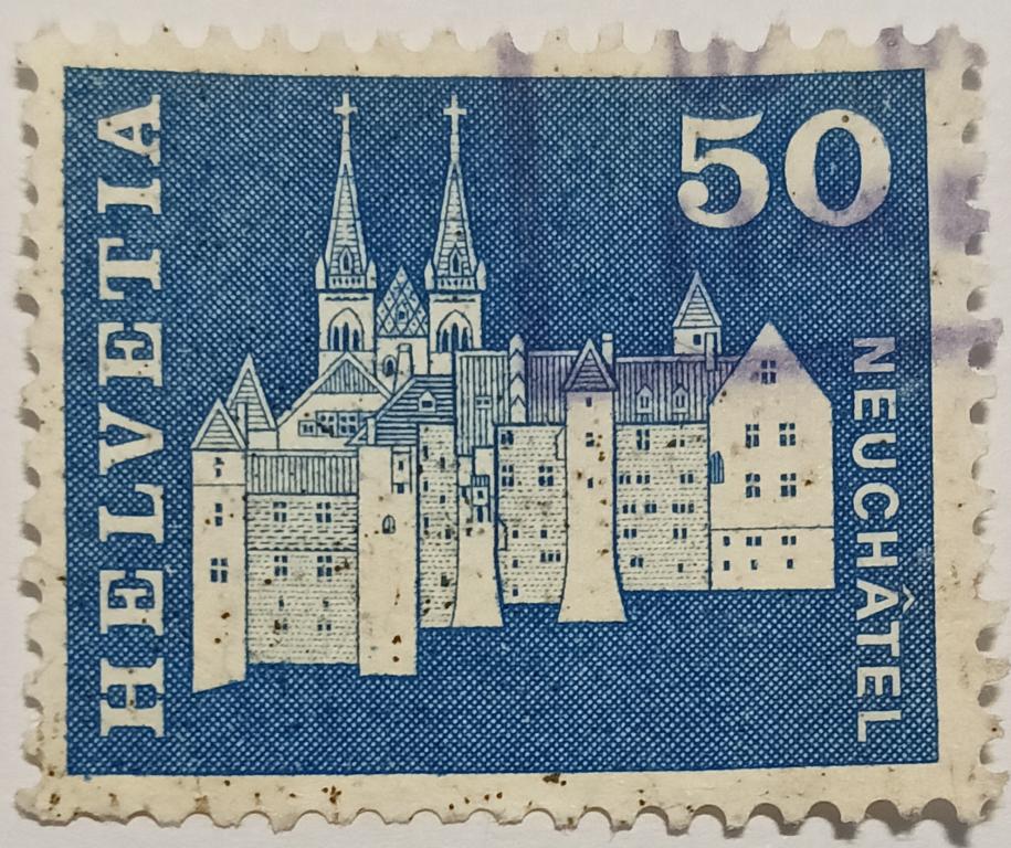 Марка_Швейцария, 50 Ct- сентим, 1968 год, Замок и коллегиальная церковь аббатства, Невшатель;