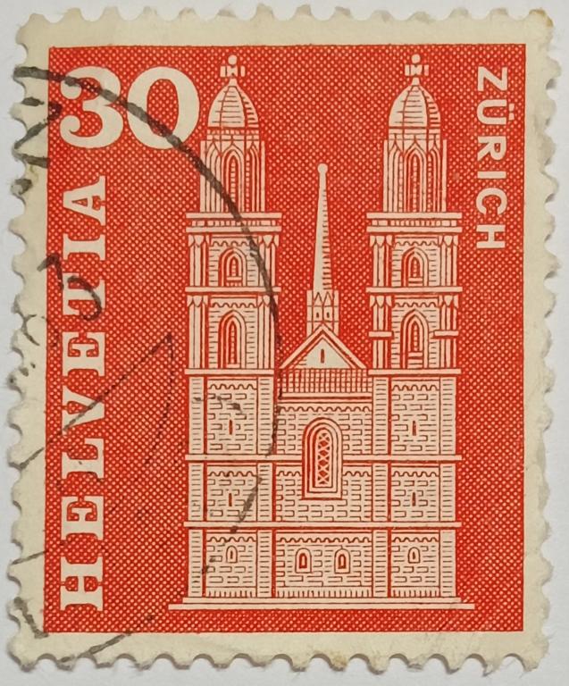 Марка_Швейцария, 30 Ct- сентим, 1963 год, Гроссмюнстер в Цюрихе, Гашёная;_1_