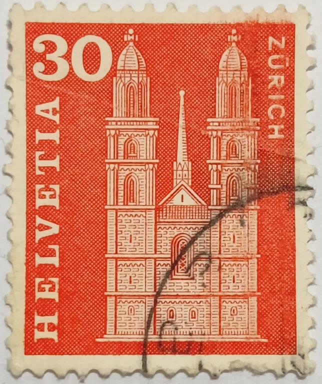 Марка_Швейцария, 30 Ct- сентим, 1963 год, Гроссмюнстер в Цюрихе, Гашёная;_3_