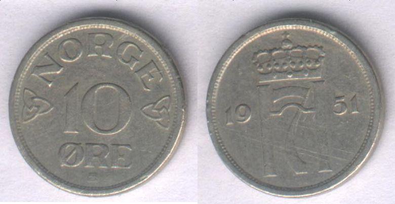 Монета Норвегия 10 эре 1951 г. VF