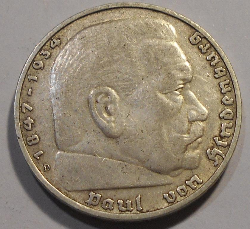 5 марок 1936 год D германия  серебро