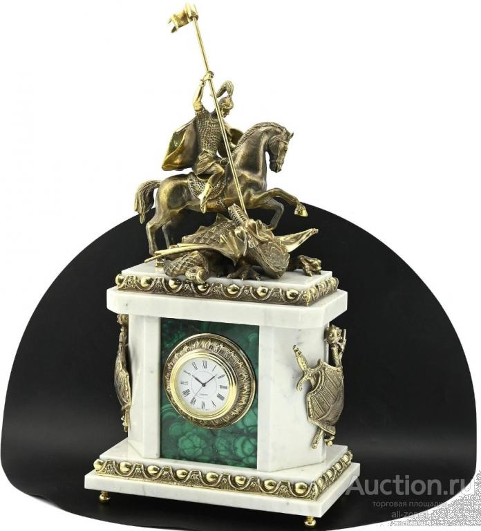 Часы каминные из малахита и мрамора ГЕОРГИЙ ПОБЕДОНОСЕЦ AZRK-3200-531ct