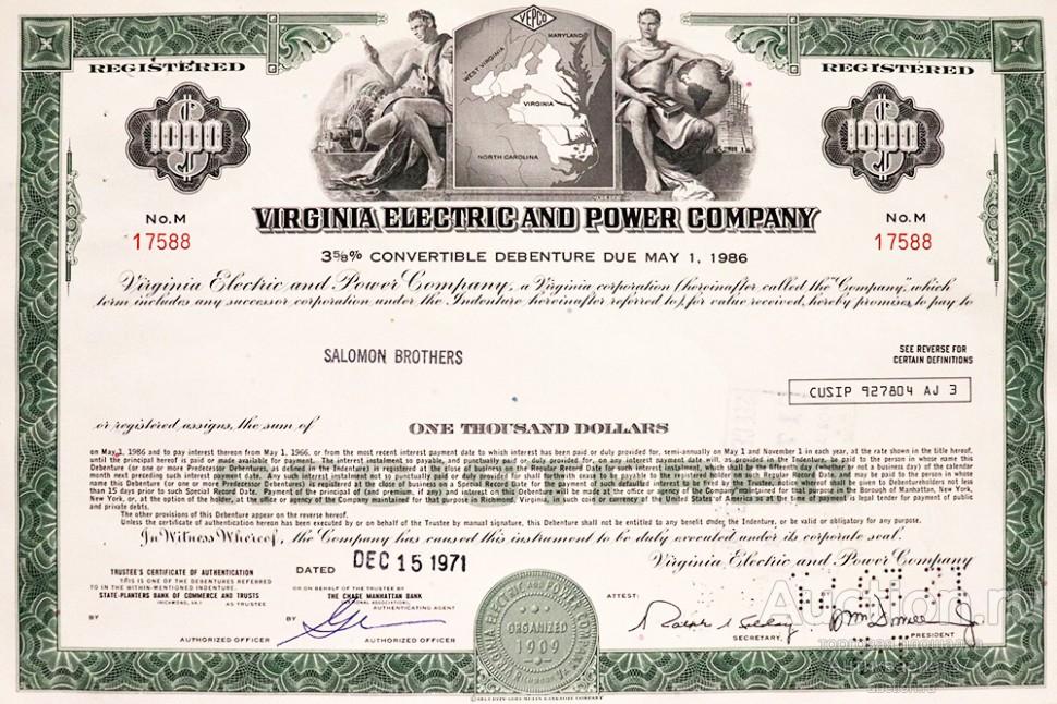 Акция Электроэнергетическая компания Вирджинии, США (1960-е, 1970-е гг.)