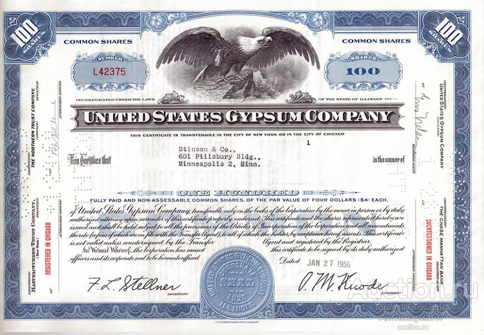 Акция Производство строительных материалов United States Gypsum, США (1950-е, 1960-е гг.)