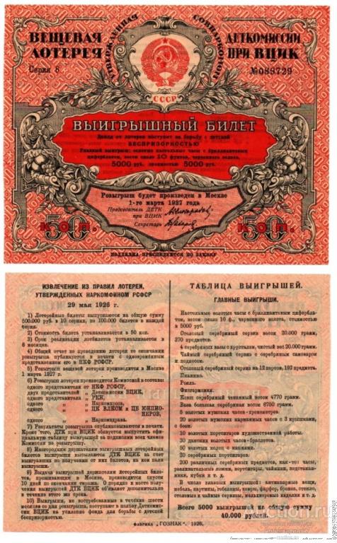 Лотерейный билет 50 копеек 1927 года, Вещевая лотерея Деткомиссии при ВЦИК (№089729)