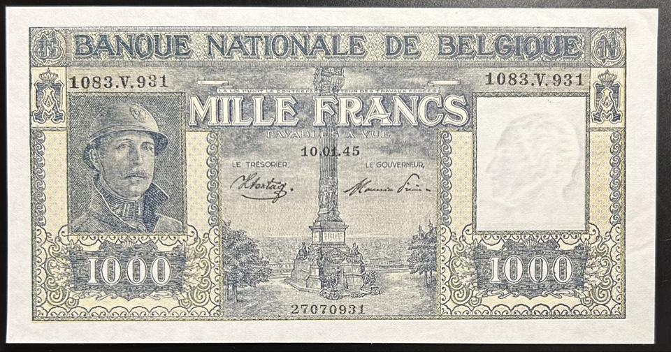 Бельгия 1000 франков 10.01.1945 год аUNC