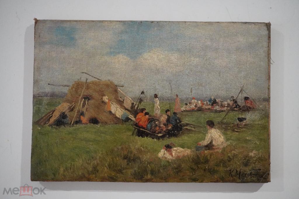 Старинная картина "Крестьяне в поле" - художник К. Маковский