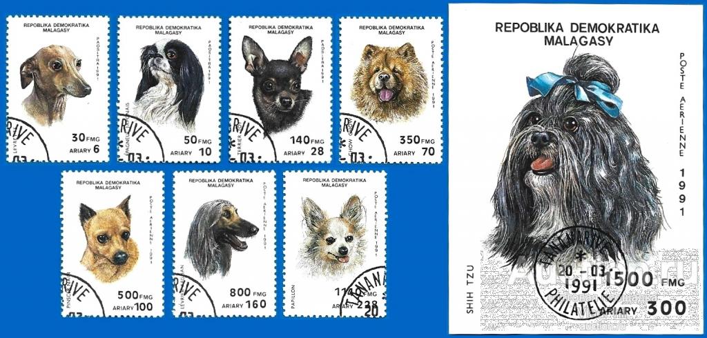 Мадагаскар 1991 MiNr 1299-1305, Block 157. Собаки (6 € | $ 3.95) CTO