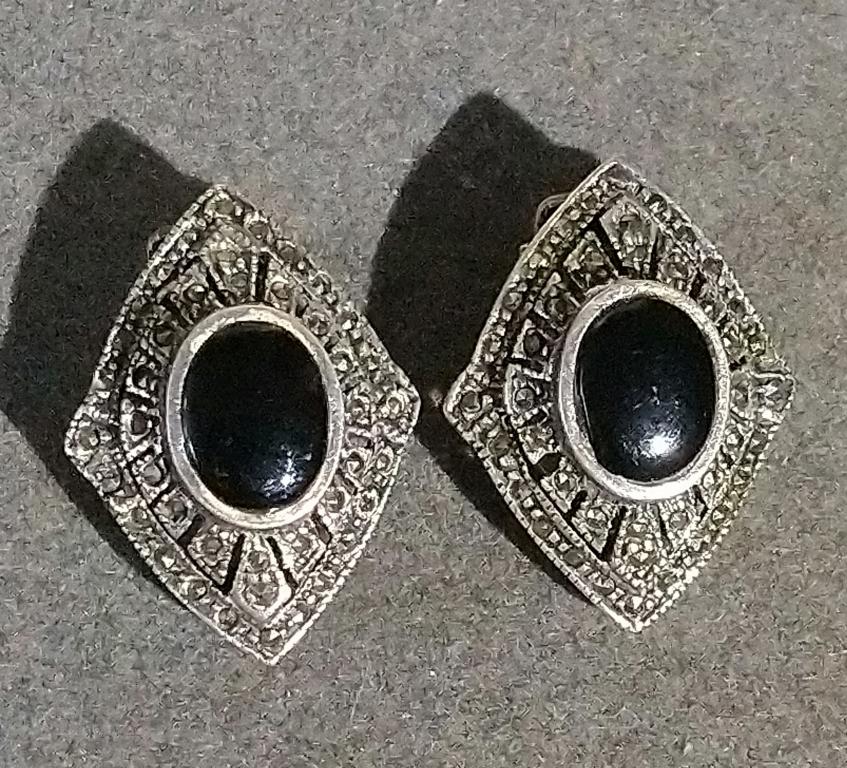 Серебряные серьги клипсы чёрный агат? марказиты серебро 925 со звездой СССР
