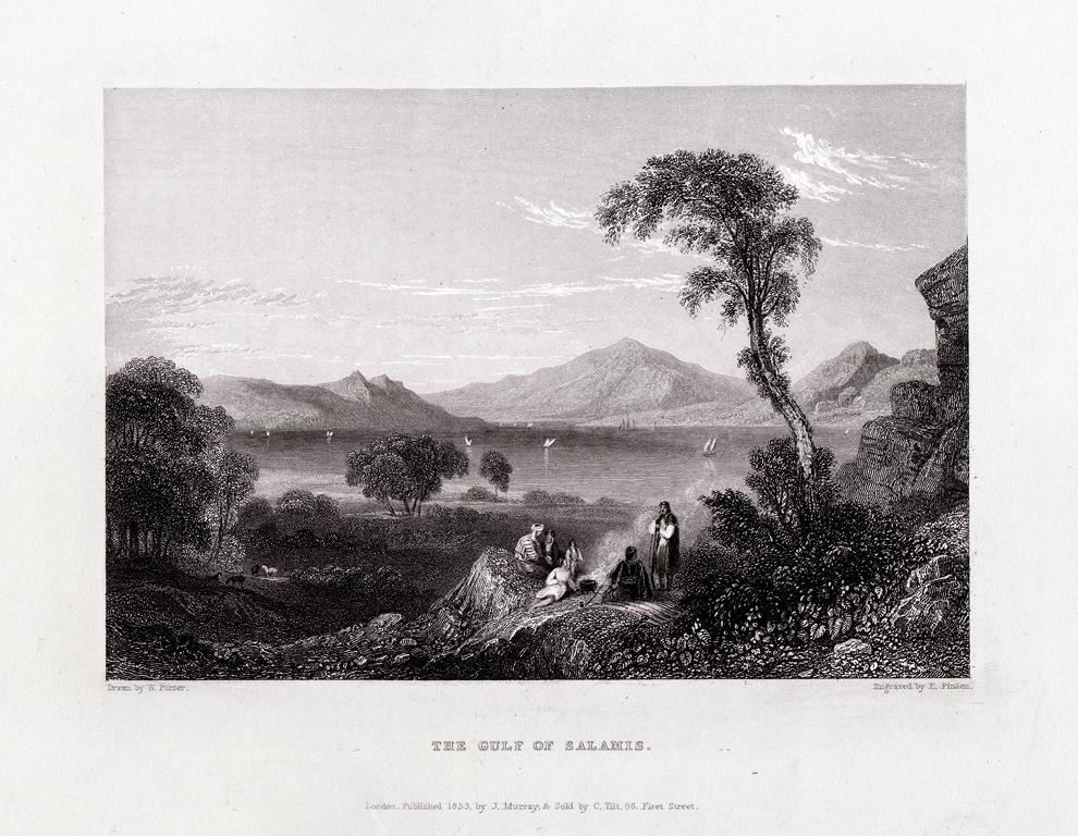 Гравюра The Gulf of Salamis Саронический залив Кипр Греция датирована 1833 г