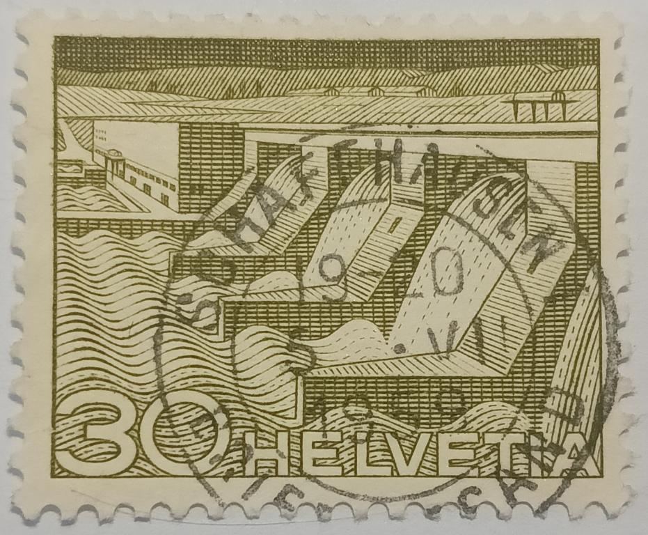 Марки_Швейцария, 30 Ct.- сентиме, 1949 год, Электростанция близ Вербуа, Гашёная;