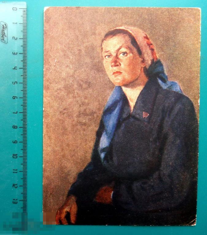 Розин БРИГАДИР ТРАКТОРНОЙ БРИГАДЫ 1955 - Е14(О.Й.Ф.) - платок соцреализм ПОРТРЕТ живопись