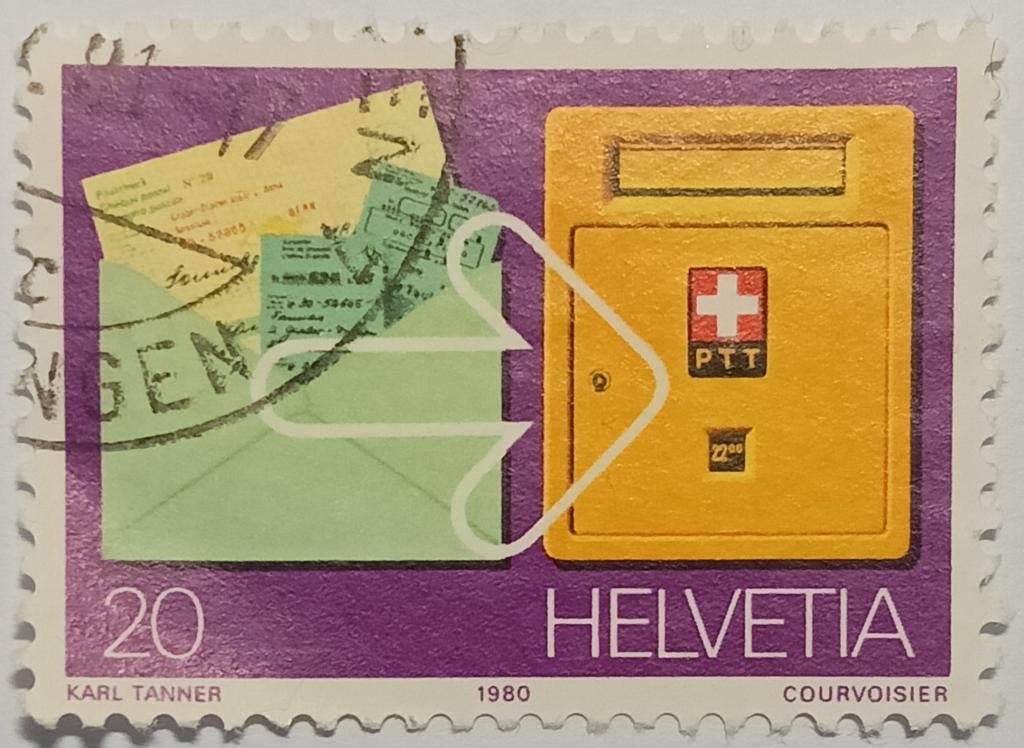 Марки_Швейцария, 20 Ct.- сентиме, 1980 год, Почтовый Чек и почтовый Ящик, Гашёная