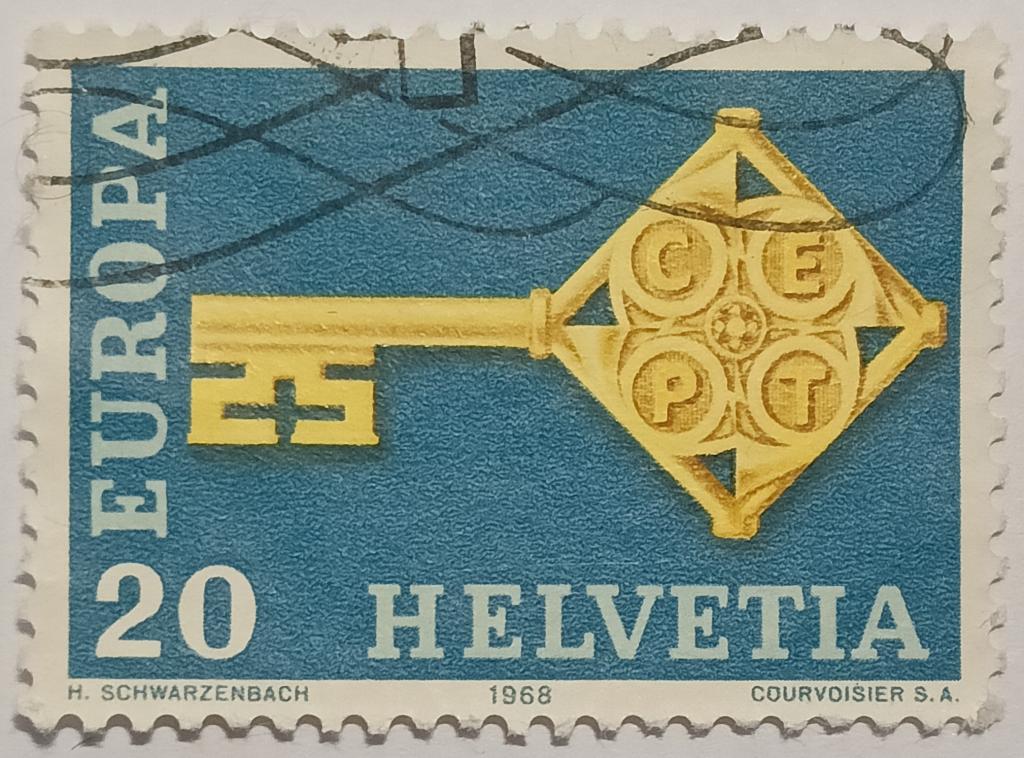 Марки_Швейцария, 20 Ct.- сентиме, 1968 год, Ключ со Значком CEPT, Гашёная;