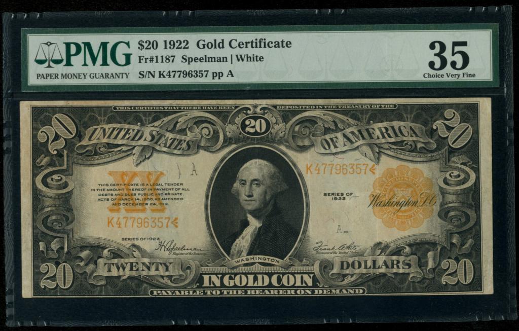 США Gold certificate 20 долларов 1922 г