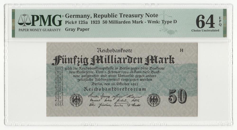 ГЕРМАНИЯ 50000000000 марок 1923 P125a UNC PMG 64 EPQ (серая бумага)