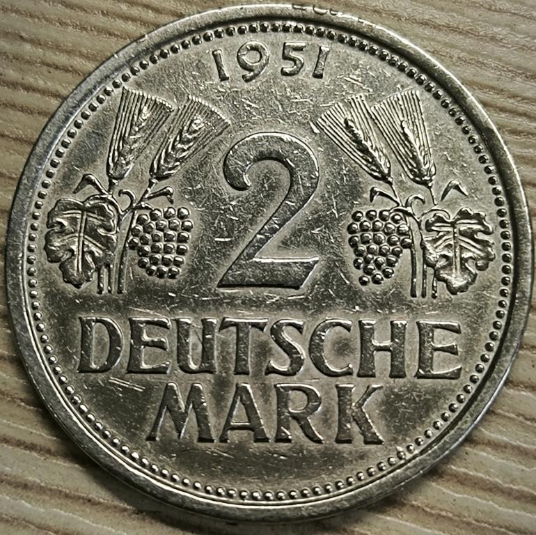 Германия, ФРГ  2 марки 1951 г. J.. Оригинал