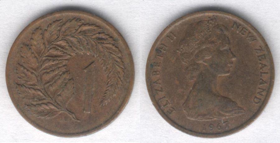 Монета Новая Зеландия 1 цент 1967 г. VF