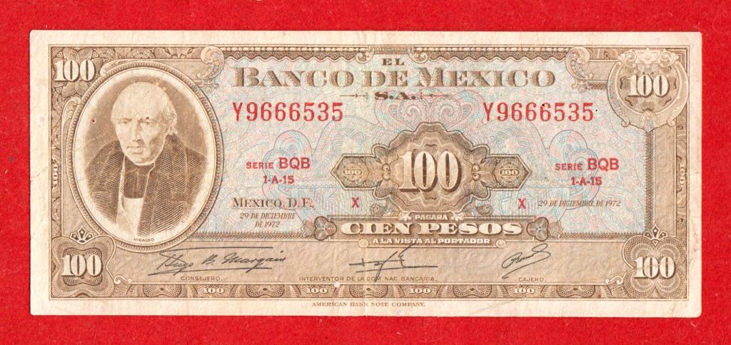Мексика, 100 песо, 1972, VF+, Serie BQB, Y9666535, САЛАТОВЫЕ  ШТАМПЫ
