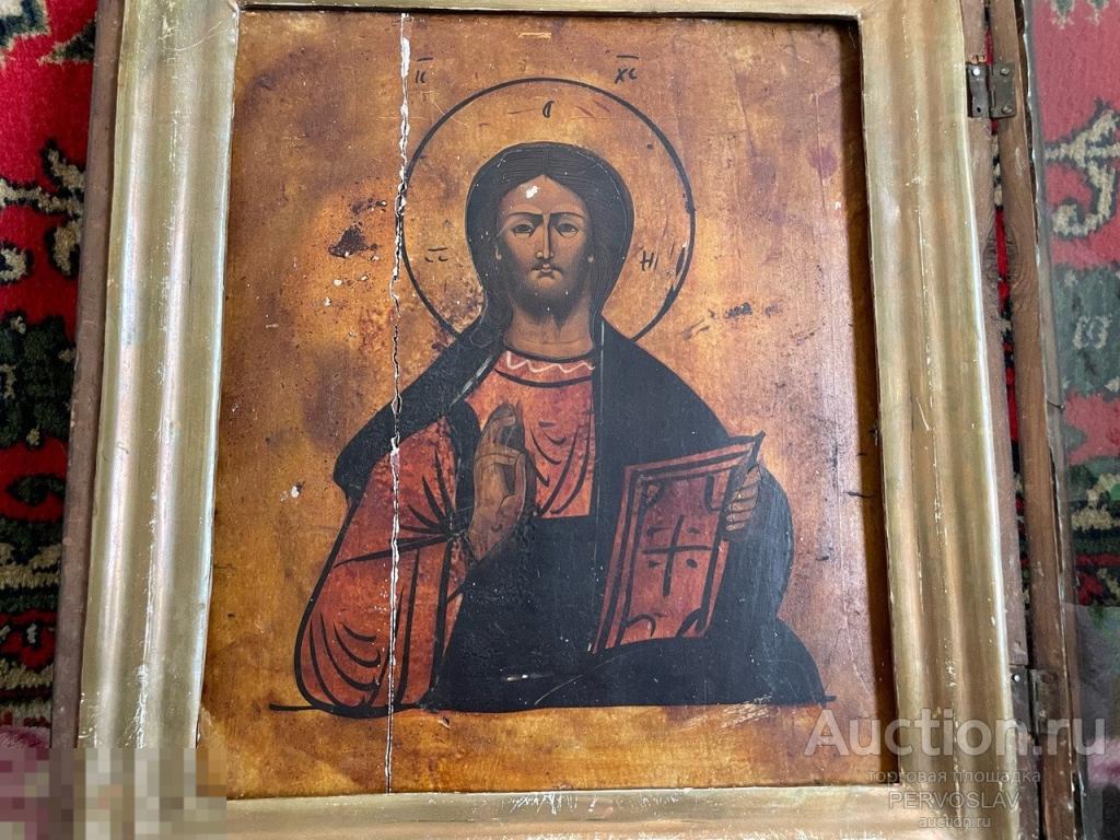 Старинная икона Спаситель, в оригинальном открывающемся киоте. Оригинал! Редкий образ!