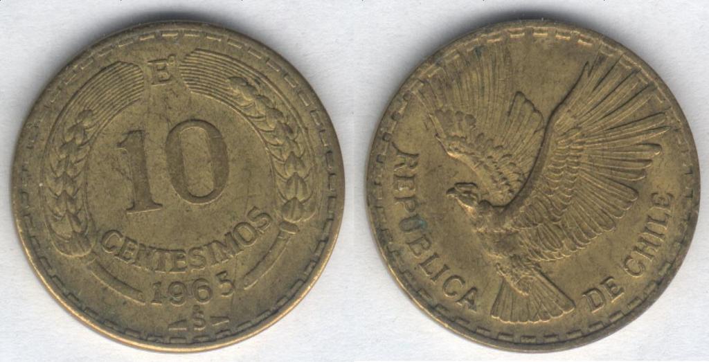 Монета Чили 10 сентесимо 1965 г. VF