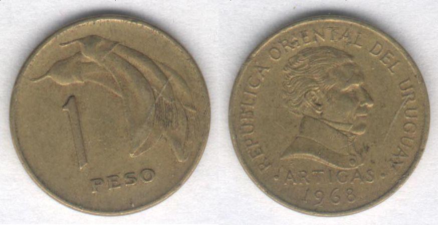 Монета Уругвай 1 песо 1968 г. VF