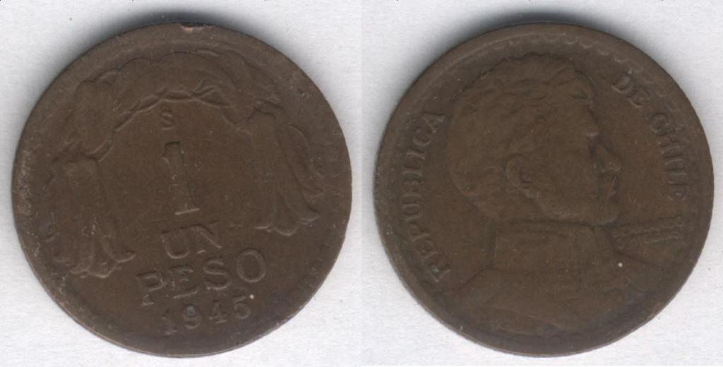 Монета Чили 1 песо 1945 г. F