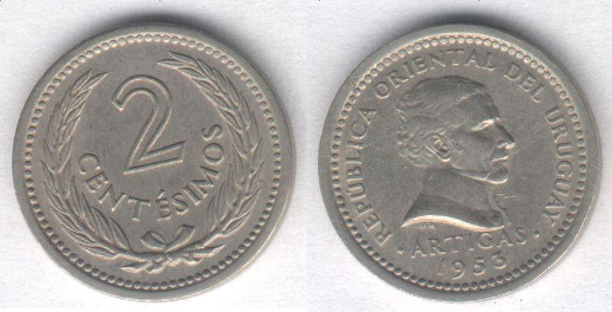 Монета Уругвай 2 сентесимо 1953 г. XF