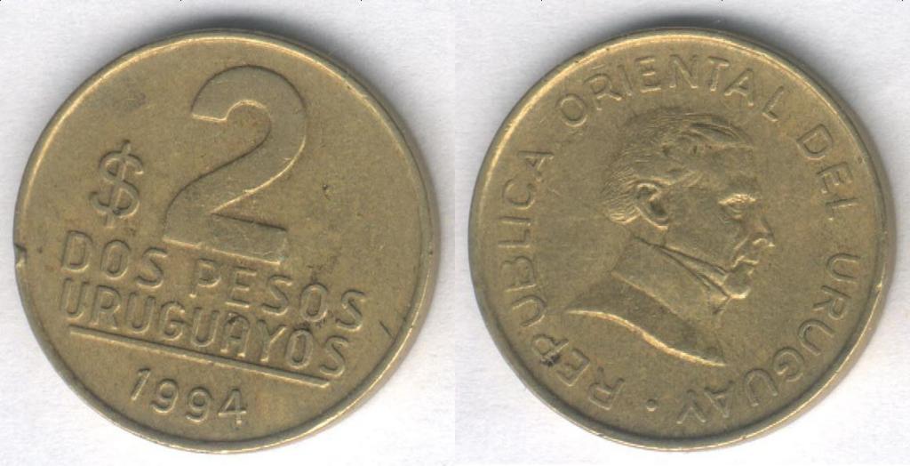 Монета Уругвай 2 песо 1994 г. VF