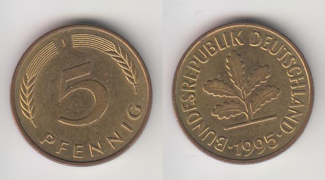 Германия ФРГ 5 пфеннигов 1995 J М