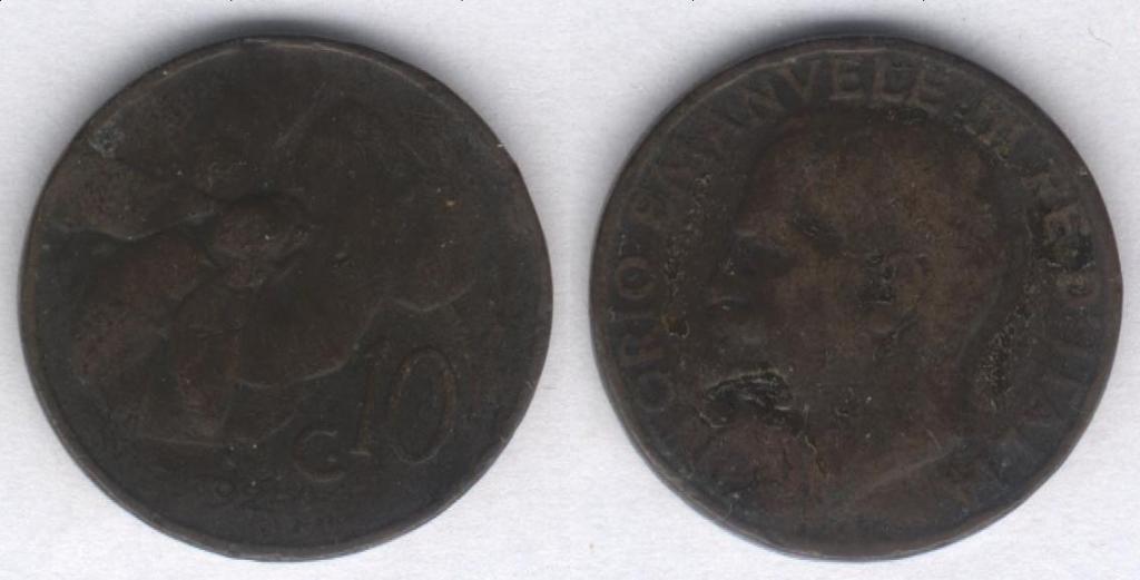 Монета Италия 10 чентезимо 1925 г. F