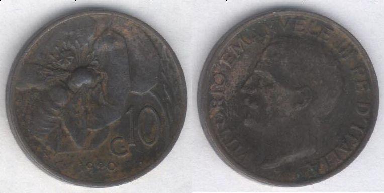 Монета Италия 10 чентезимо 1920 г. VF