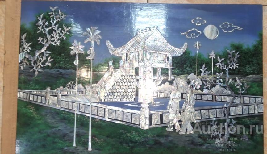 Японское панно на доске, ракушечник, кость первая половина XX века.
