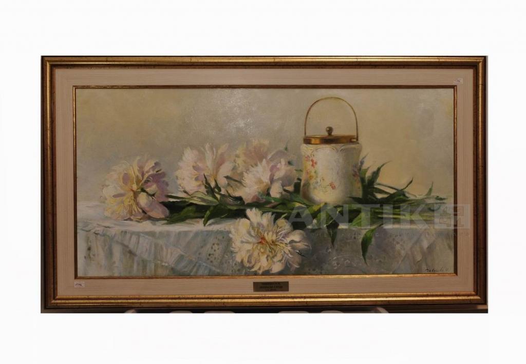 Натюрморт с пионами на столе, картина для оформления интерьера