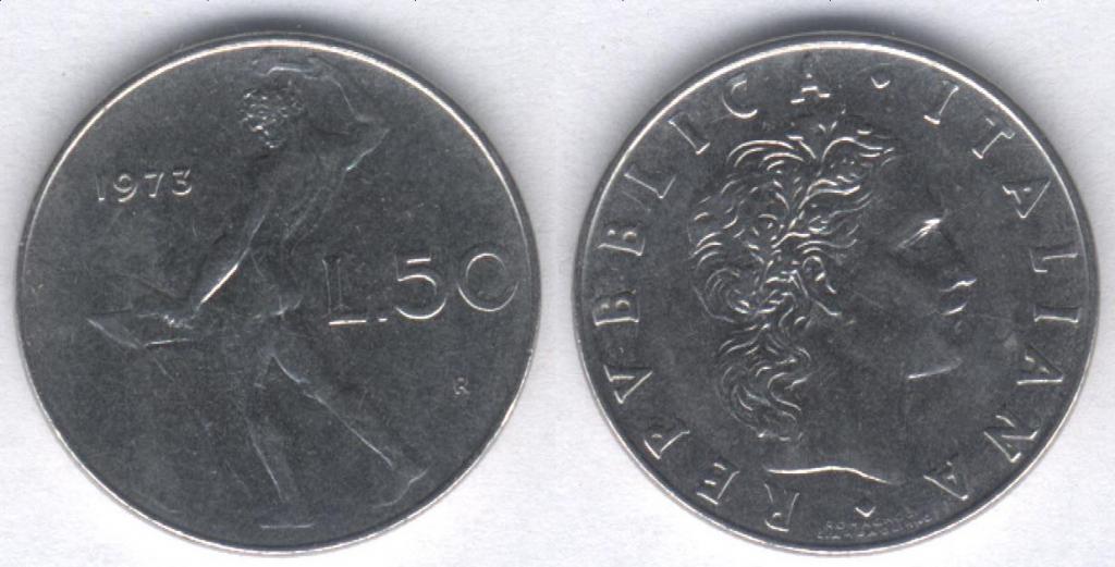 Монета Италия 50 лир 1973 г. XF