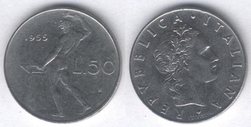 Монета Италия 50 лир 1955 г. VF