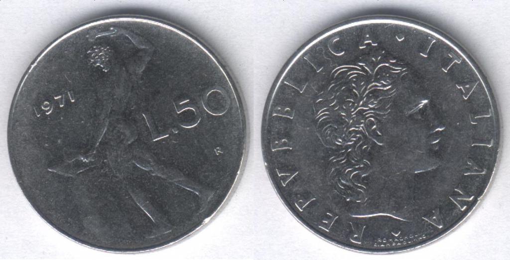 Монета Италия 50 лир 1971 г. XF