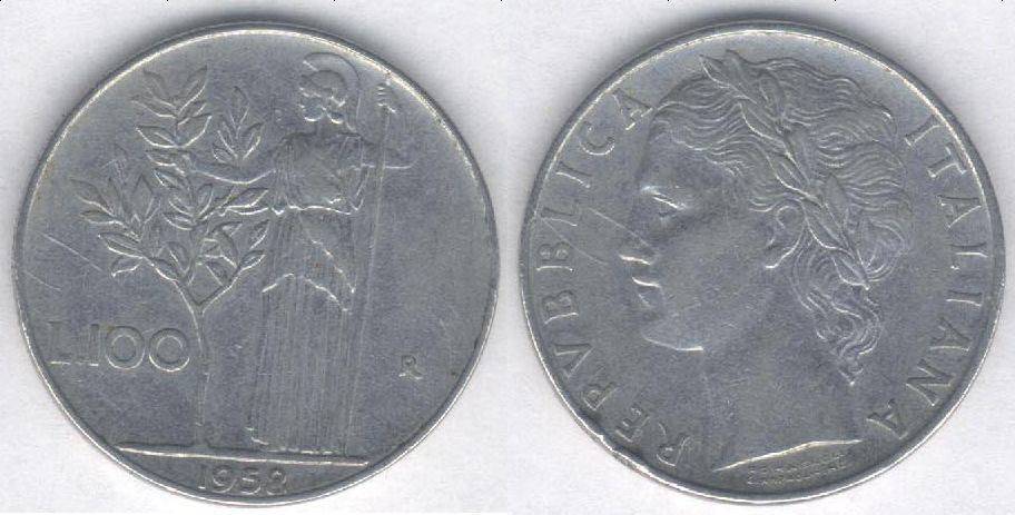 Монета Италия 100 лир 1958 г. VF-
