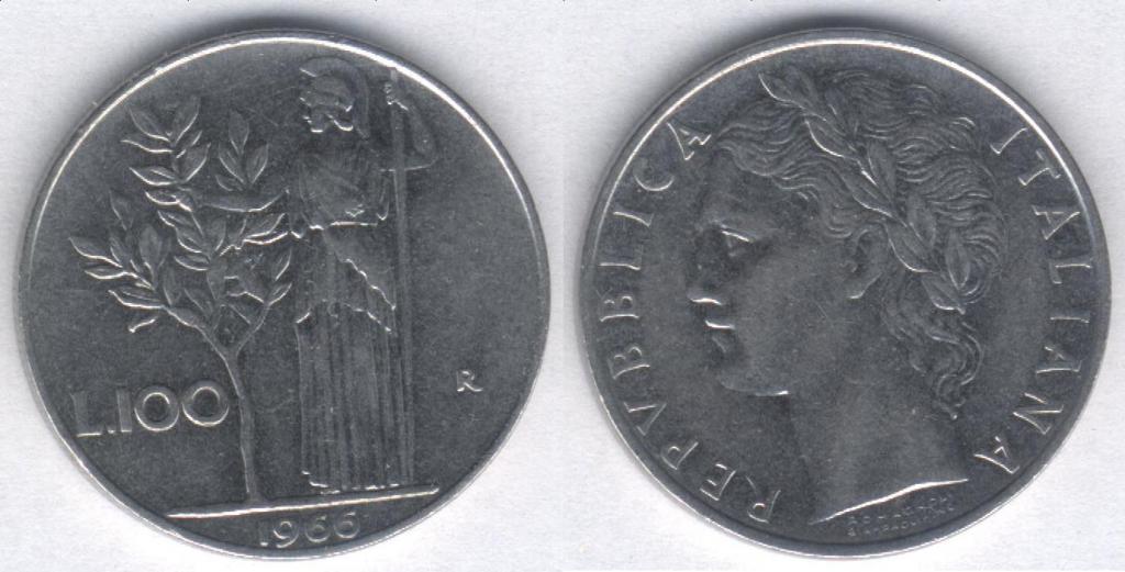 Монета Италия 100 лир 1966 г. VF+