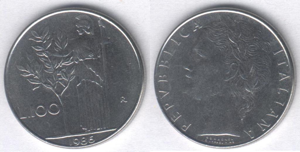 Монета Италия 100 лир 1986 г. XF