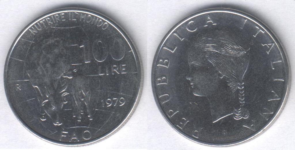 Монета Италия 100 лир 1979 г. XF+, ФАО