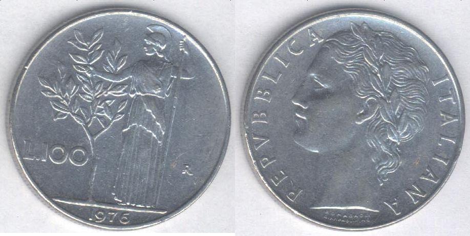Монета Италия 100 лир 1976 г. VF+