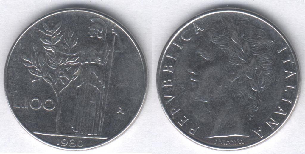 Монета Италия 100 лир 1980 г. XF