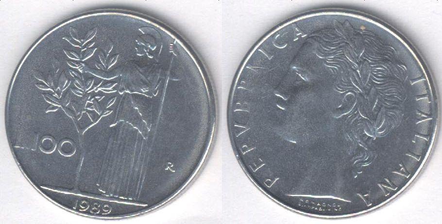 Монета Италия 100 лир 1989 г. XF+