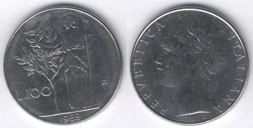 Монета Италия 100 лир 1988 г. XF+