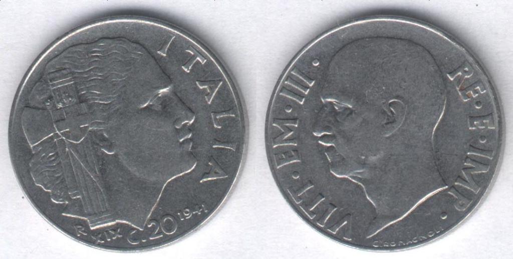 Монета Италия 20 чентезимо 1941 г. XF, магнитная
