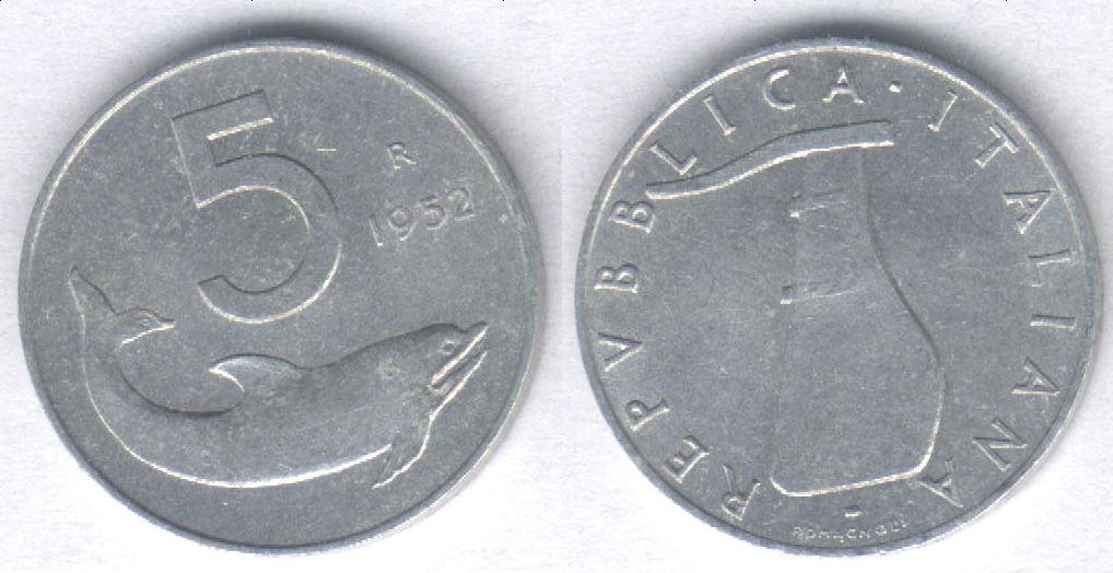 Монета Италия 5 лир 1952 г. VF+, алюминий